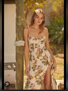 Reformation Floral Midi Slip Dress in Cream with Pink & Yellow Blooms
